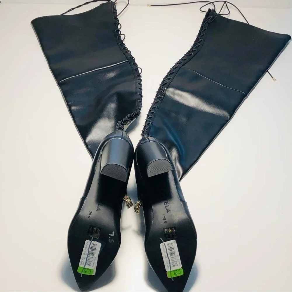 NEW CARVELA Black Second Skin wide-fit faux-leather over-the-knee boots sz 38.5